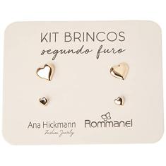 Kit 2 Brincos Rommanel Banhados Ouro 18k Pequenos Corações Primeiro E Segundo Furo 526221