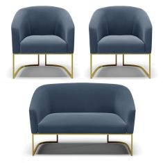 Namoradeira e 2 Poltronas Base Industrial Dourado Stella Suede Azul Marinho D03 - D`Rossi