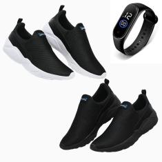 Kit 2 Tênis Masculino Corrida Esportiva Academia Caminhada Super Macio Conforto Dia a Dia + Relógio-Masculino