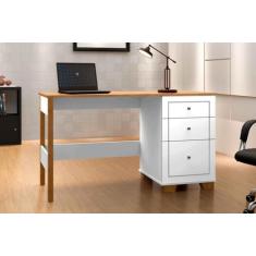 Escrivaninha Office 136cm 3 Gavetas Pés em Madeira Fenix Branco Com Na
