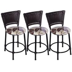 Kit 3 Banquetas Baixas Preta com Encosto Junco Argila Assento Floral Marrom