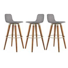 Banqueta Alta Com Encosto Assento Cinza 4 Pés de Madeira Para Balcão B