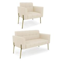 Sofá Namoradeira E Poltrona Base Pé De Ferro Dourado Elisa Linho D03 -