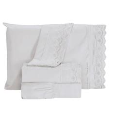 Jogo De Lençol Casal 4 Peças Bordado Renda 3d Microfibra Toque Acetina