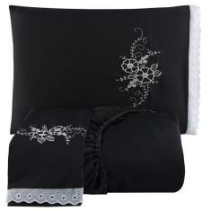 Jogo de Cama Lençol Solteiro Bordado Advance 2 Pçs - Preto - 100% Poli