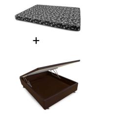 Cama Box Baú Casal 138 Bello Box - Tecido Sintético Marrom com Colchão New York Preto D28 - 100% Espuma - 54x138x188