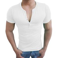 Camisa Henley Viscose Camiseta Slim Botão Manga Curta Sjons (Branca, G)