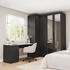 Guarda Roupa Modulado de Canto 3 Peças 4 Portas com 2 Portas Reflecta e Escrivaninha Hera CabeCasa MadeiraMadeira Preto