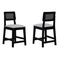 Kit 2 Banquetas Baixa-cadeira Gabi Madeira Maciça Encosto Telinha Assento Estofado - Preto Assento Estofado Corano Bege