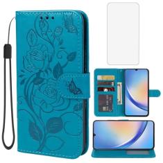Vavies Capa para Galaxy A34 5G, capa carteira para Samsung A34 5G SM-A346E com protetor de tela de vidro temperado, capa de couro floral com suporte para cartão de crédito para Samsung Galaxy A34 5G