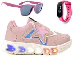 Tenis Infantil De Led Meninas Estrela Holografico Casual LIGHT + Oculos Relogio-Feminino