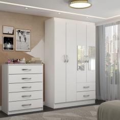 Guarda-Roupa Solteiro Eden 4 Portas 2 Gavetas e Espelho com Cômoda 5 Gavetas Branco - Panorama Móveis