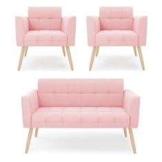 Kit 1 Sofá Namoradeira E 2 Poltronas Elisa Suede Pés Palito Natural - D`rossi Cor Rosa Bebê
