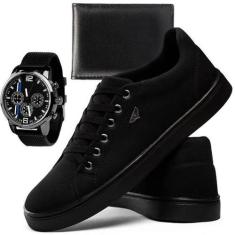 Tênis Skatista Casual + Relógio e Carteira Masculino- Adsshoes, Preto,