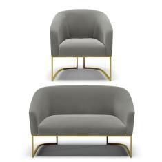 Namoradeira e Poltrona Base Industrial Dourado Stella Suede Grafite D03 - D`Rossi