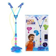 Karaoke infantil microfone duplo luz azul pedestal celular mp3 rock st