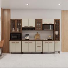 Cozinha Modulada Completa Fidelitá Lisboa 6 Peças 295cm 15 Portas 3 Gavetas Com Tampo Noce/Off-White
