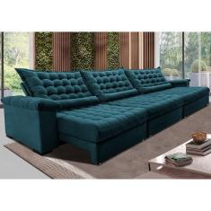 Sofá Retrátil E Reclinável 3,55m Molas Ensacadas Cama Inbox Big Space Com Bordado 3d Velusoft Petróleo