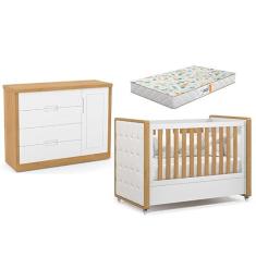 Berço Americano com Capitonê New Boucle e Cômoda Infantil Tutto New Freijó Branco Acetinado e Colchão Gazin - Matic