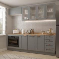 Cozinha Modulada 6 Peças 1 Tampo, Portas de Vidro e Balcão Arizona Cab