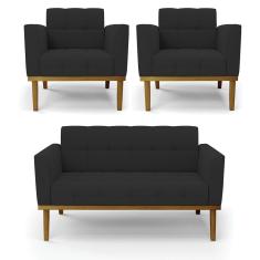 Sofá Namoradeira E 2 Poltronas Base Madeira Castanho Elisa Veludo D03 - D\'rossi Cor Preto