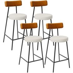 Kit 04 Banquetas Baixa Cozinha Sala Jantar Milão L02 Couríssimo Whisky Linho Champagne - Lyam Decor