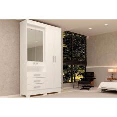 Guarda Roupa Solteiro 4 Portas e 3 Gavetas c/ Espelho Débora Branco - ACP