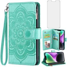 Asuwish Capa de celular para iPhone 14 de 6,1 polegadas com protetor de tela de vidro temperado e suporte de cartão de crédito flip de couro floral para celular iPhone14 5G i i-Phone i14 iPhone14 capa