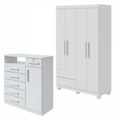 Conjunto de Guarda-Roupa 4 Portas 2 Gavetas Zeus com Pés e Cômoda 1 Porta 6 Gavetas Da Vinci Branco