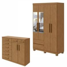 Conjunto de Guarda-Roupa 4 Portas 2 Gavetas Zeus com Espelho e com Pés e Cômoda Toronto  Amêndoa Clean