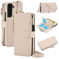 Capa carteira para Samsung Galaxy S21 FE, [bloqueio de RFID] [bolso com zíper] [porta-cartão] capa protetora flip de couro PU com corda transversal/pulso/anel capa de telefone masculina e feminina