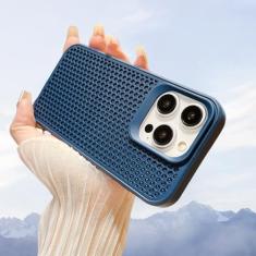Capa de telefone luxuosa de malha respirável com dissipação de calor para iPhone 15 14 Plus 13 12 11 Pro Max, à prova de choque, capa traseira rígida, azul N, para iPhone 12 Pro