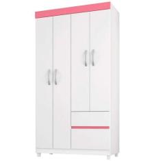 Guarda-Roupa Solteiro Lotus 4 Portas 2 Gavetas Demóbile, Branco e Rosa
