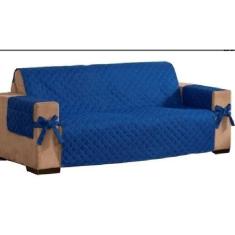 Capa De Sofá 3 Lugares Azul Modelo Novo Laço E Porta Objetos