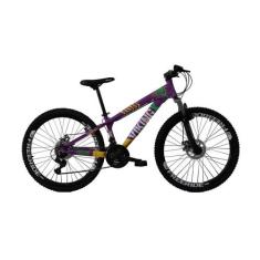 Bicicleta Freeride Aro 26 Freio a Disco 21 Vel. VikingX Lilas Amarelo,