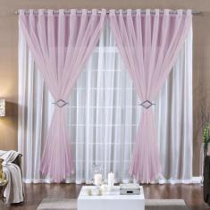Cortina 3 Mts Voal Sala Quarto para Trilho Comum Rosa Barata - 100% Po