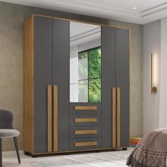 Guarda Roupa Solteiro Catanzaro 5 Portas 3 Gavetas MDP MDF Cinamomo Grafite RV Móveis