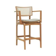 Banqueta Alta Bistrô Apollo Com Braços Encosto Telinha Natural E Assento Anatômico - Natural Estofado Linho Bege