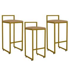 Kit 03 Banquetas Alta Hanna Dourado Linho Bege Escuro