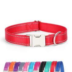 JAY D.L Coleira refletiva para cães com fivela de metal, coleiras de nylon macio e resistente com fivela de liberação rápida, coleiras ajustáveis para animais de estimação com anel de identificação