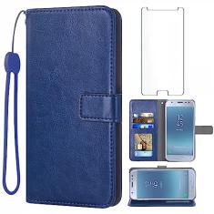 Asuwish Capa carteira compatível com Samsung Galaxy J3 Luna Pro J 3 Prime 2017 Emerge 3J Eclipse Mission, protetor de tela de vidro temperado e capa flip com porta-cartões para Glaxay S327VL azul