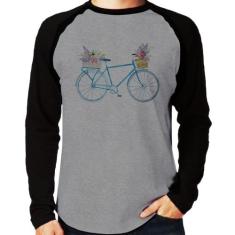 Camiseta Raglan Bicicleta e Flores Manga Longa - Foca na Moda, Cinza, 