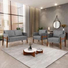 Kit 1 Sofá Namoradeira e 2 Poltronas Lana Linho Base de Madeira D03 - 