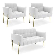 Namoradeira E 2 Poltronas Pé De Ferro Dourado Elisa Bouclê Off Wte D03 - D'rossi