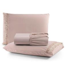 Jogo De Lençol Rubi Casal 3 Pçs 100% Algodão 200 Fios Ponto Palito Bordado - Avelã