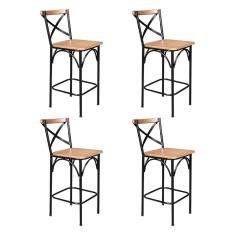 Kit 4 Banquetas Alta Industrial Paris Base Alumínio com Encosto - Natural