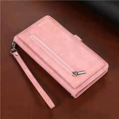 Capa de telefone de couro com cordão longo para Samsung Galaxy S23 S22 Ultra S21 FE S20 S10 Plus Note 20 Carteira com zíper Capa para vários cartões, rosa, para Samsung Note 20