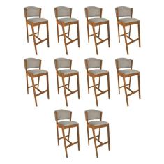 Kit 10 Banquetas Alta De Madeira Maciça Cerejeira Premium Ana Com Encosto Linho Bege