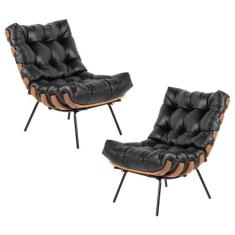 Kit 2 Poltrona Decorativa Sala de Estar Costela Couro Preto G34 - Gran