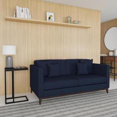 Sofá 3 Lugares Boaz Base de Madeira Linho Cotton Azul Marinho. - Mobly
